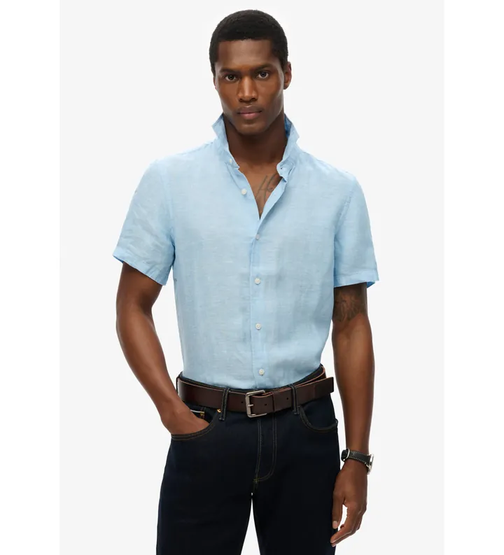 Superdry para hombre. M4010937A Camisa de manga corta de lino Vacation azul (S), Casual