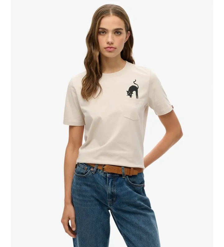 Superdry para mujer. W1011623A Camiseta Psychic Readings beige (L), Casual, Algodón, Manga corta