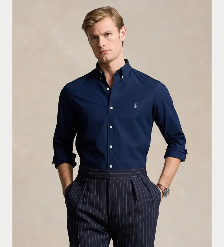 Polo Ralph Lauren para hombre. 710928254001 Camisa elástica de popelina Slim Fit marino (S), Casual, Algodón, Manga larga