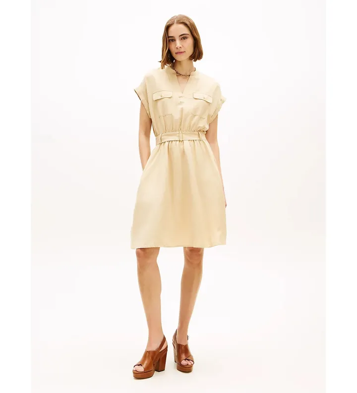 Tommy Hilfiger para mujer. WW0WW49659 Vestido camisero corto con cinturón beige (L), Casual, Lino