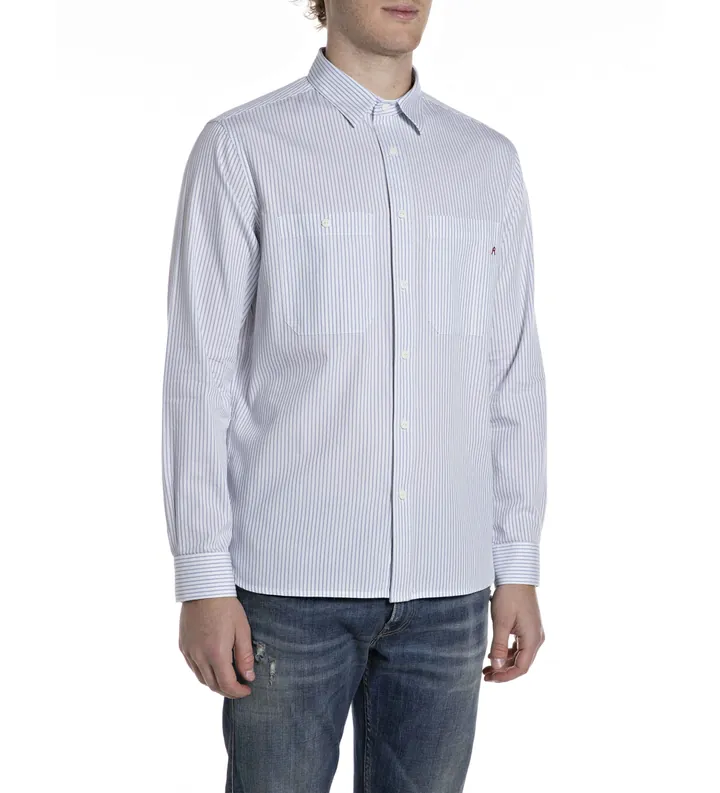 Replay para hombre. M4138A.000.52880 Camisa de rayas Regular Fit azul (L), Casual, Algodón, Clásico, Manga larga