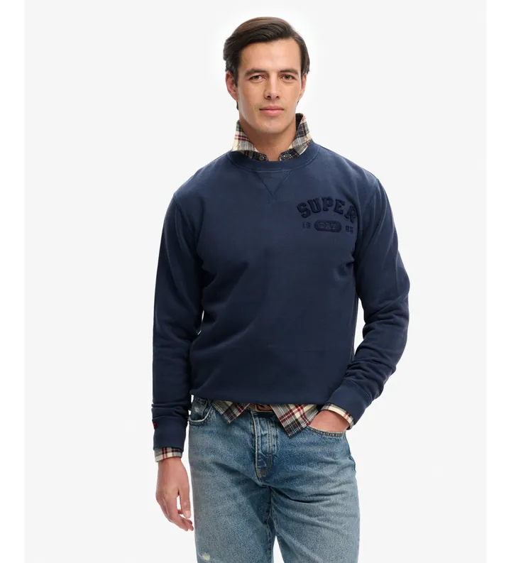 Superdry para hombre. M2014483A Sudadera de cuello redondo Vintage Athletic Tonal Crew azul marino (L), Casual, Algodón