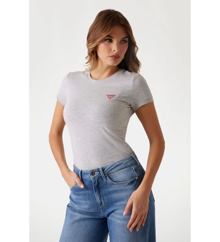 Guess para mujer. W2YI44J1314 Camiseta elástica con logo triángulo gris (L), Casual, Algodón, Manga corta