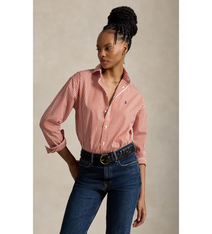 Polo Ralph Lauren para mujer. 211910743512 Camisa de algodón con rayas Relaxed Fit naranja (L), Casual, Manga larga