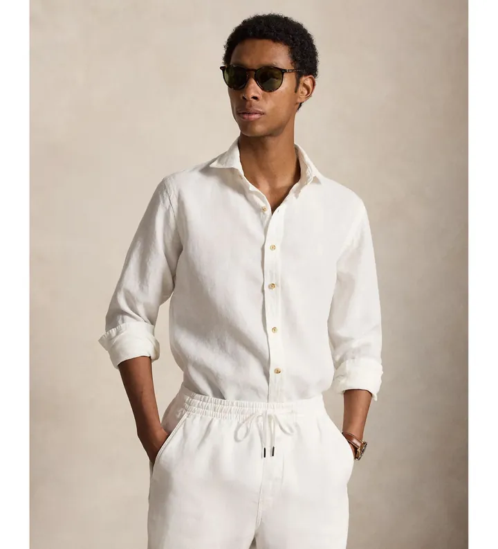 Polo Ralph Lauren para hombre. 710B22591001 Camisa de lino Custom Fit blanco (L), Casual, Manga larga