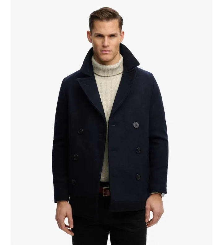 Superdry para hombre. M5012382A Abrigo Merchant Wool Blend PEA marino (L), Casual, Lana, Clásico