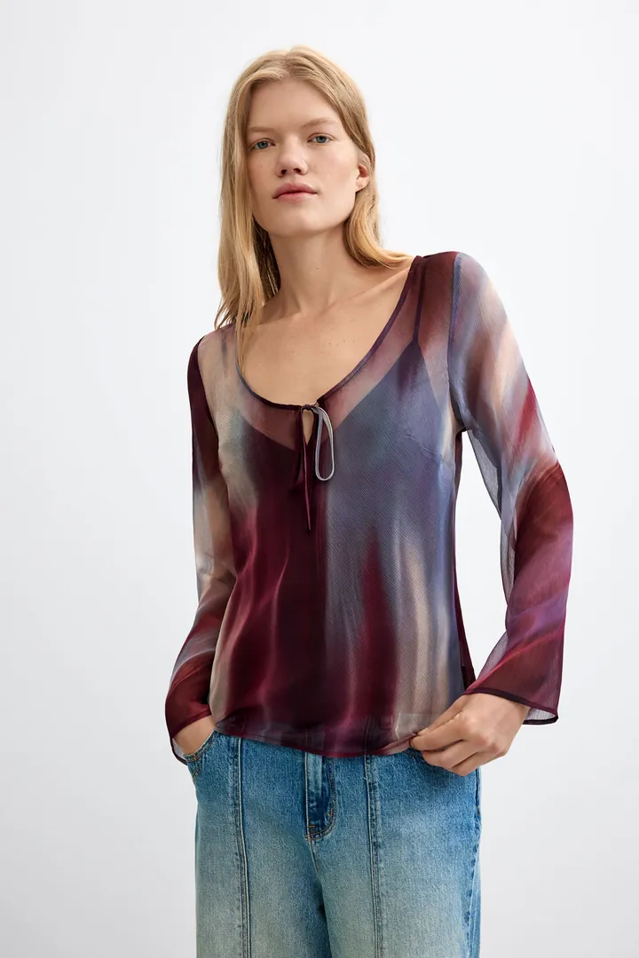 Desigual, Blusa Manga Larga Transparente, Mujer, Poliester, Rojo, L