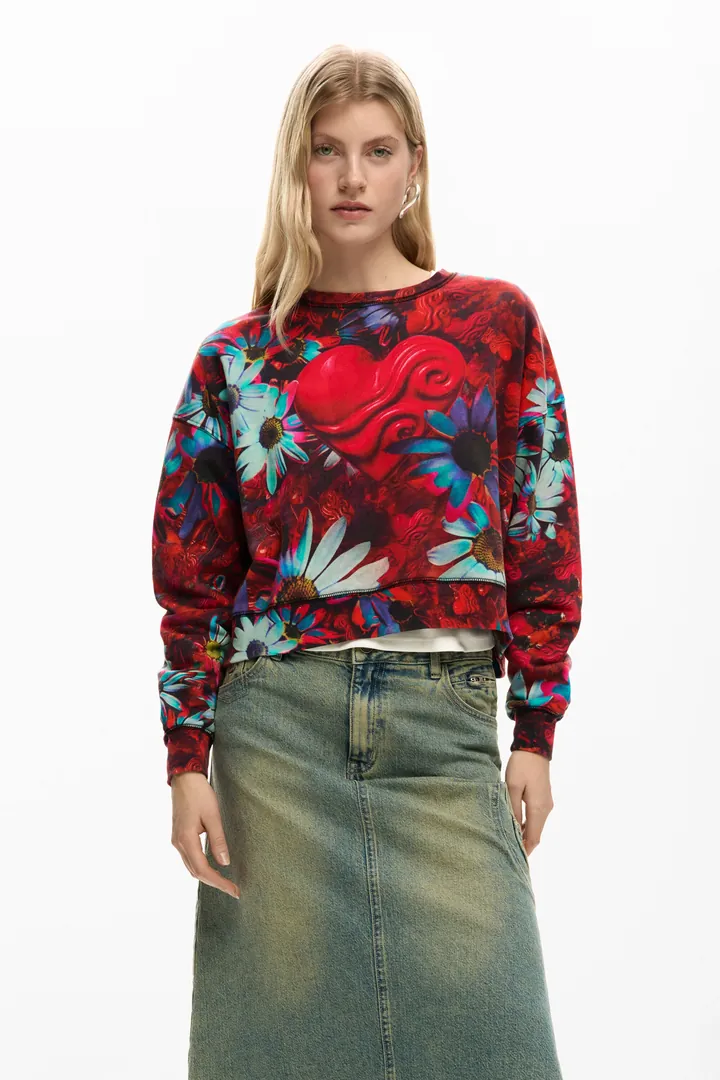 Desigual, Sudadera estampada corazón, Mujer, Algodon, Negro, L