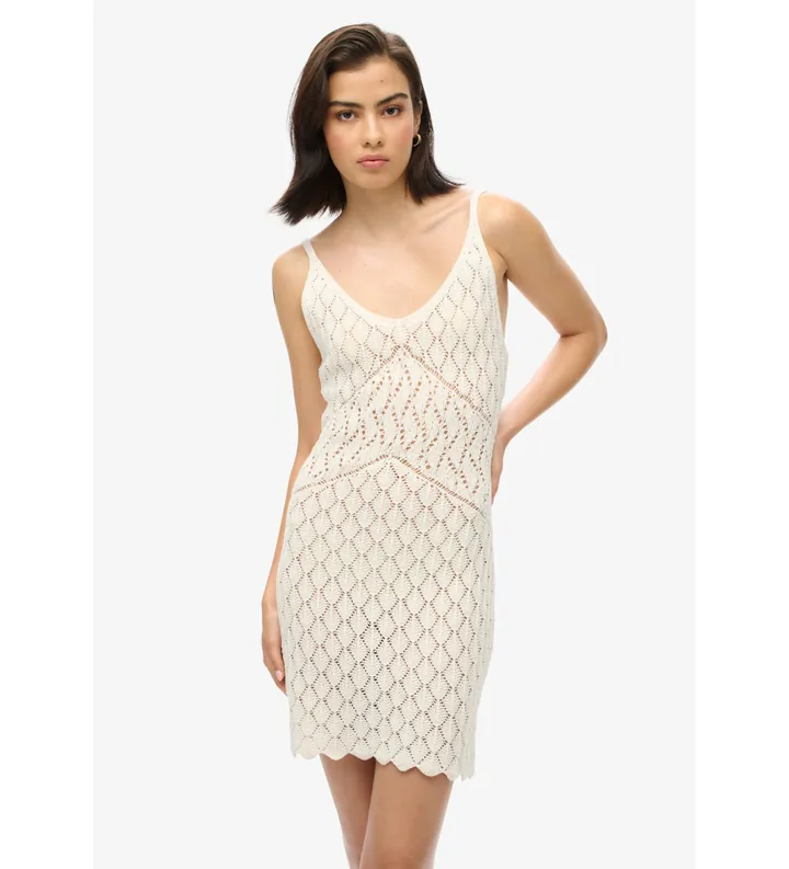Superdry para mujer. W8011606A Vestido mini de ganchillo con tirantes blanco roto (L), Casual, Sin mangas / Tirantes