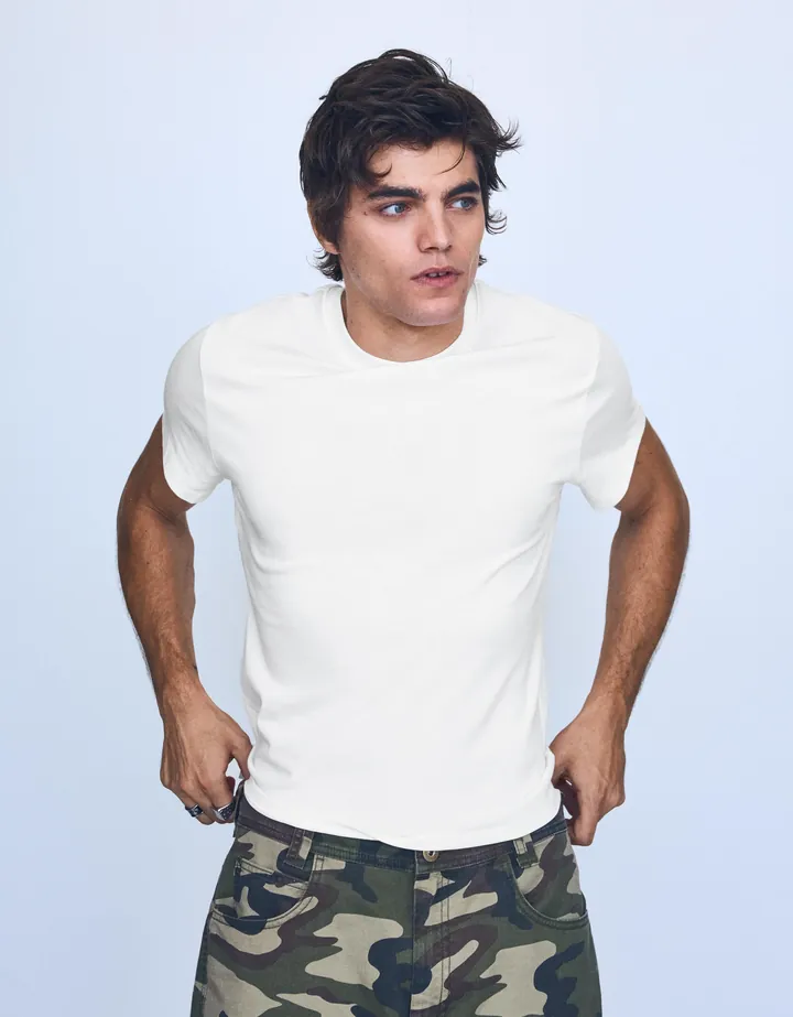 Bershka Camiseta Manga Corta Hombre L Blanco Roto