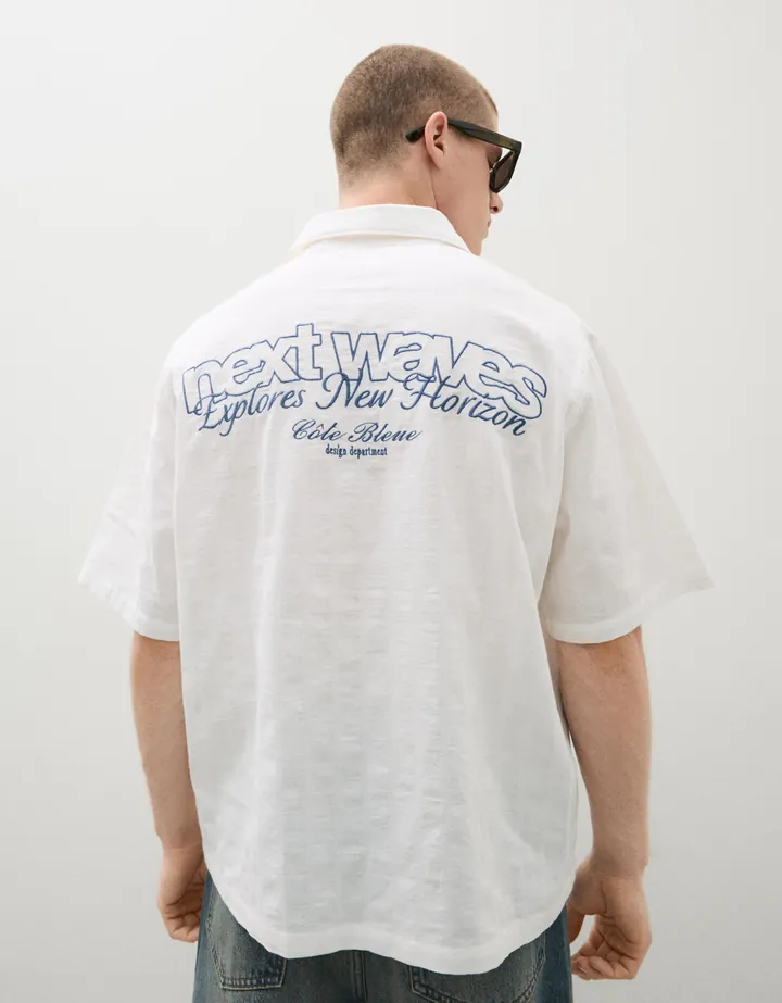 Bershka Camisa Manga Corta Rústica Print Hombre L Blanco