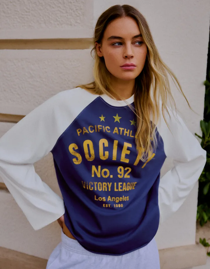 Bershka Camiseta Manga Larga Ranglan Contraste Print Mujer L Marino