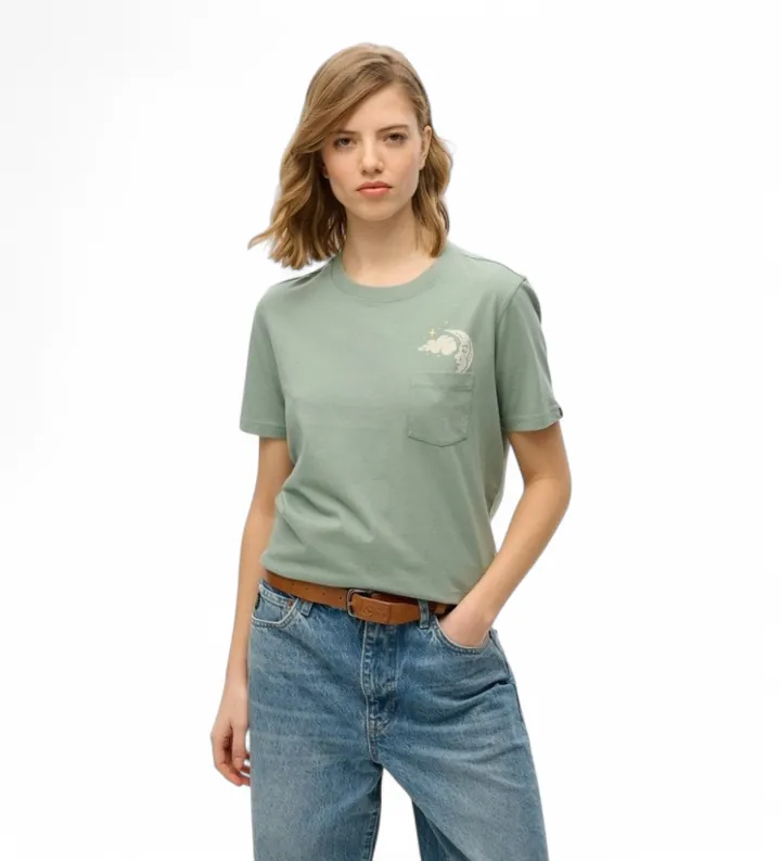 Superdry para mujer. W1011623A Camiseta relajada de lecturas psíquicas verde (L), Casual, Manga corta, Algodón Orgánico, Sostenible