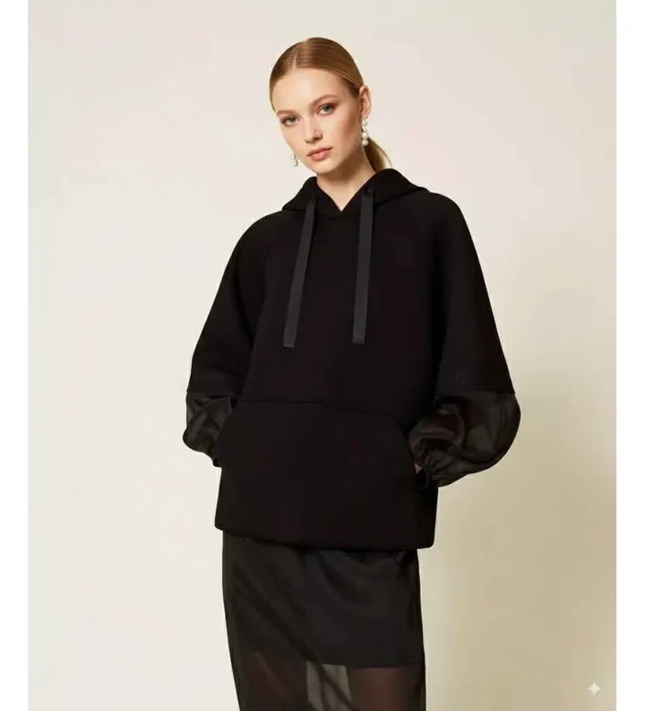 Twinset para mujer. 252TP2194 Sudadera de tejido scuba y organza negro (40), Casual, Viscosa
