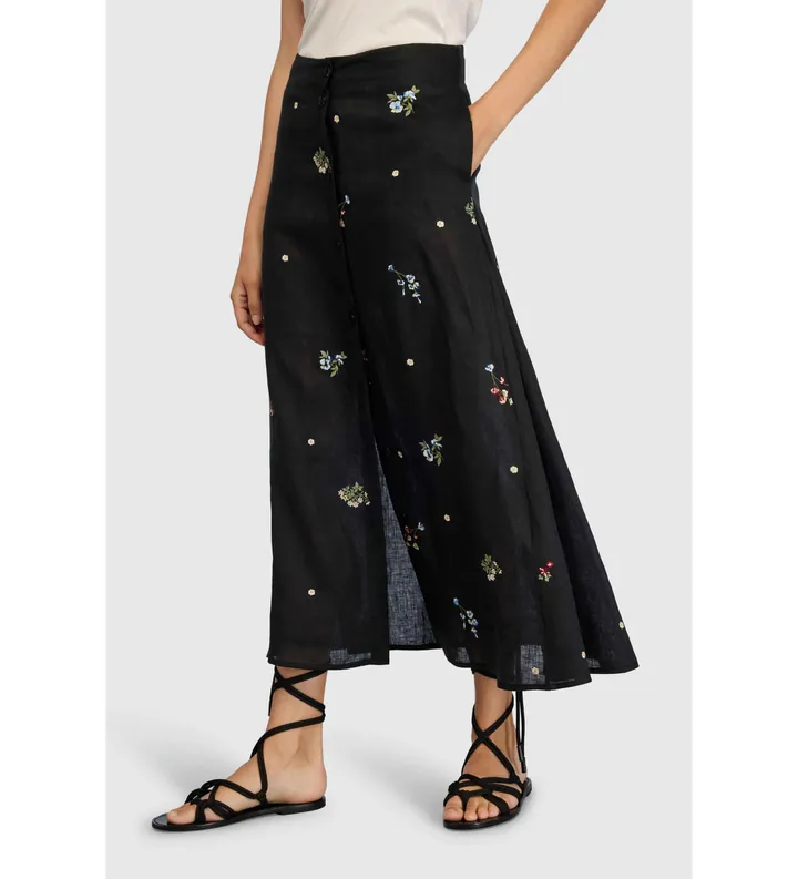 Semicouture para mujer. S6SN59 Falda Faustine de lino bordado negro (40), Casual