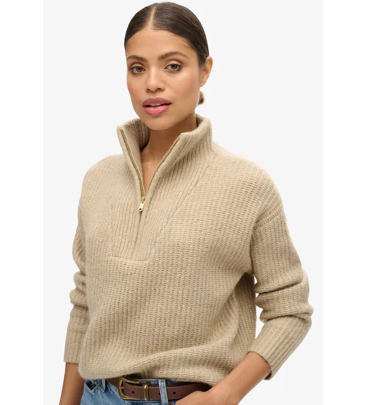 Superdry para mujer. W6110554A Jersey con cuello de cremallera Essential beige (XXS), Casual, Poliéster
