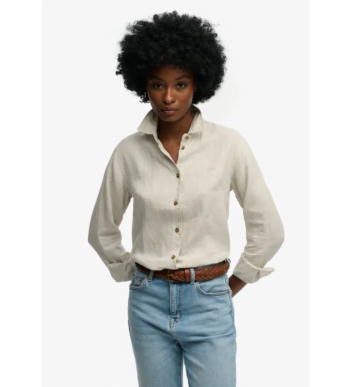 Superdry para mujer. W4010587A Camisa Premium Slim beige (L), Casual, Lino, Manga larga