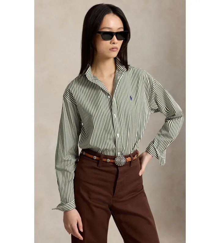 Polo Ralph Lauren para mujer. 211910743516 Camisa de algodón con rayas Relaxed Fit verde (L), Casual, Manga larga