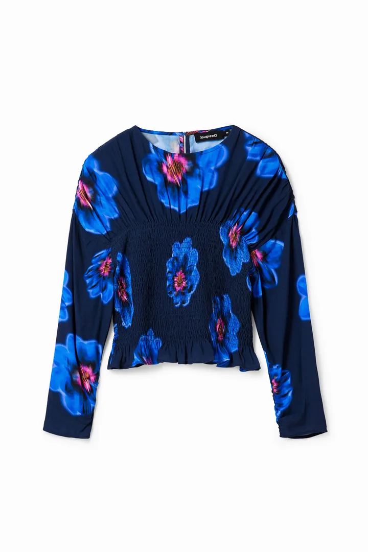 Desigual, Blusa fruncida flores, Viscosa, Azul, L