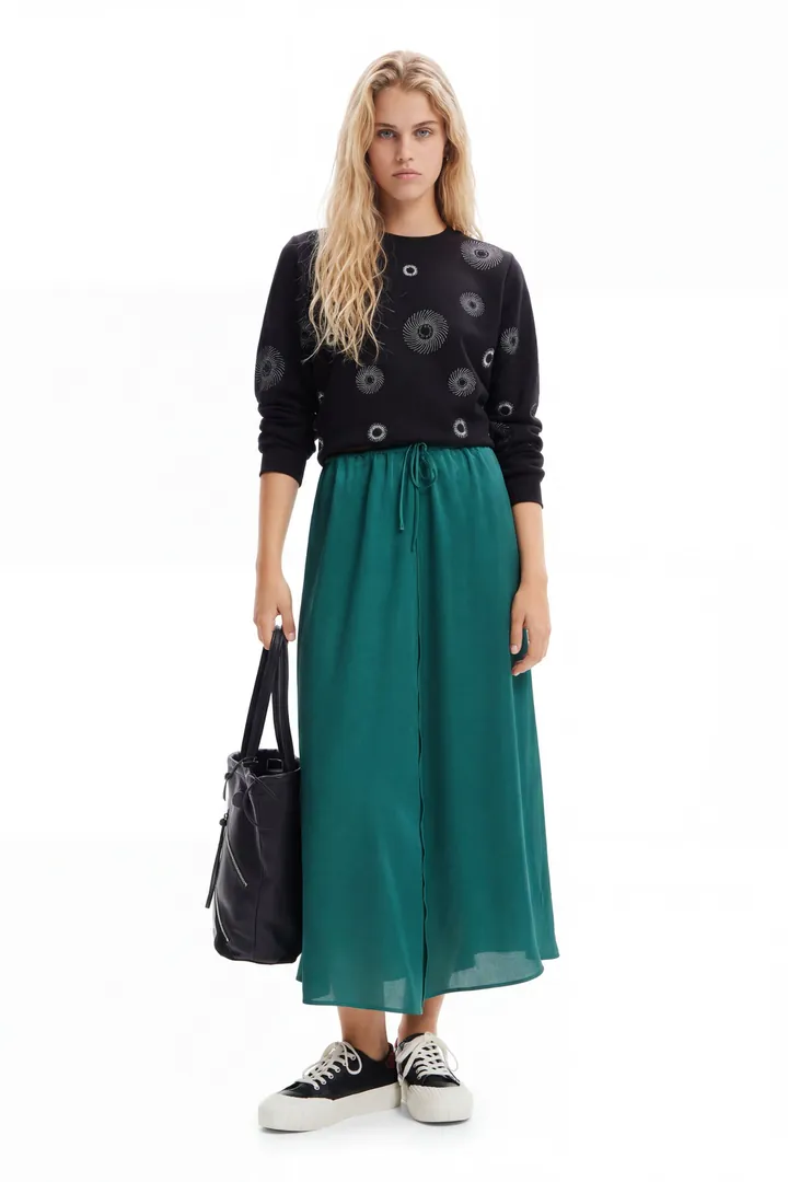 Desigual, Falda midi satinada, Poliester, Verde, M
