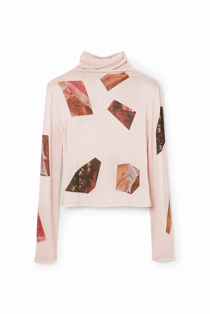Desigual, Camiseta slim cuello alto collage, Poliester, Rojo, L