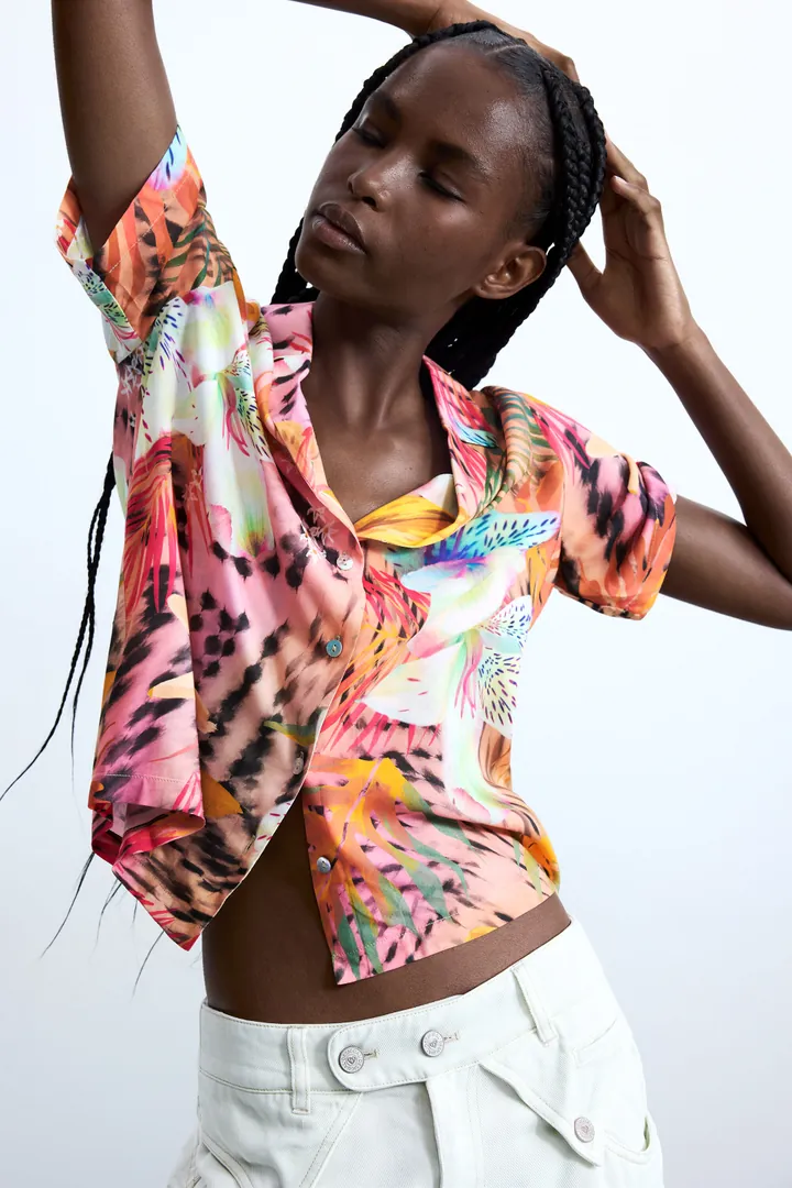 Desigual, Camisa manga corta tropical, Mujer, Viscosa, Rojo, L
