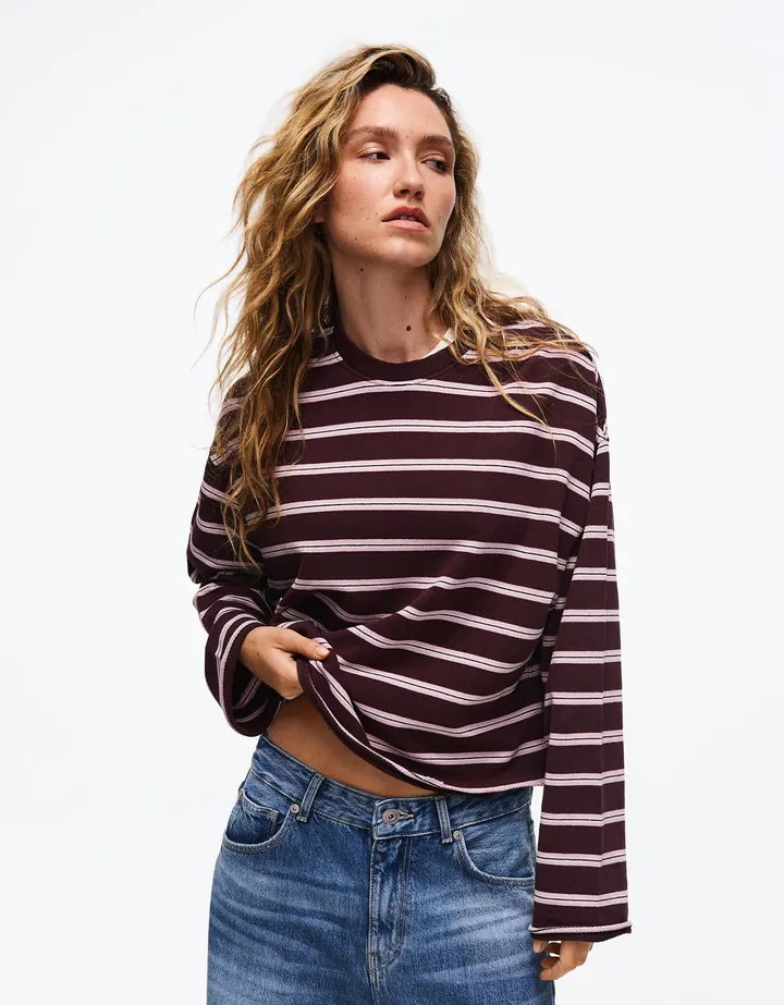 Bershka Sudadera Cuello Redondo Rayas Mujer L Burdeos