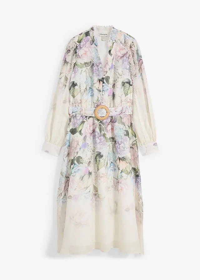 Vestido midi de ramio (conjunto de 2 piezas con cinturón)