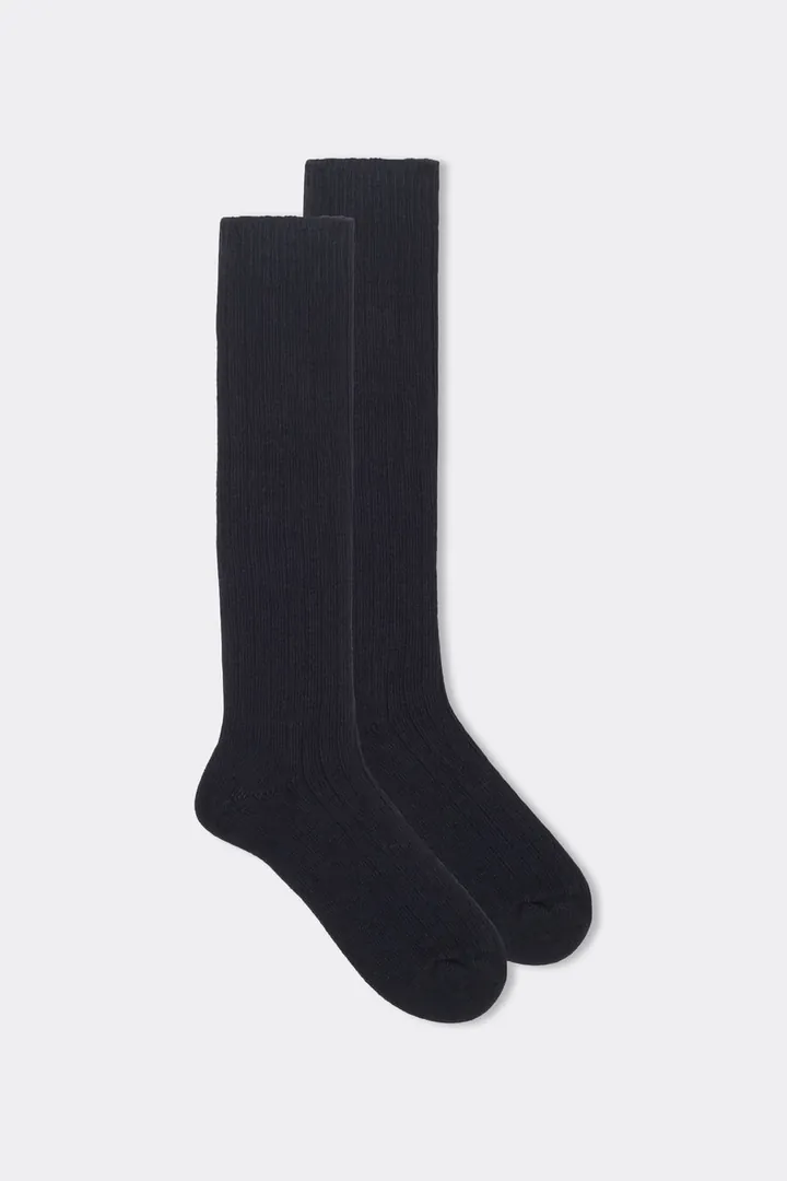Intimissimi Calcetines Largos en Punto de Canalé de Cashmere y Lana Hombre Azul Tamaño 40-41