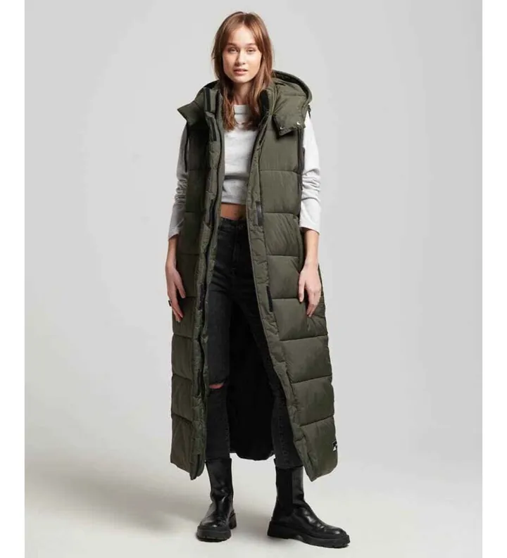 Superdry para mujer. W5011644A Chaleco largo con capucha Ripstop verde (M), Casual, Poliéster Reciclado, Sostenible