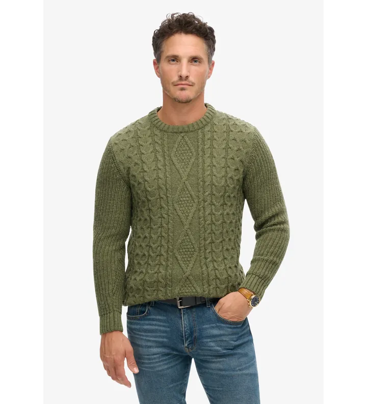 Superdry para hombre. M6110638A Jersey de punto trenzado Jacob verde (L), Casual, Acrílico, Sostenible