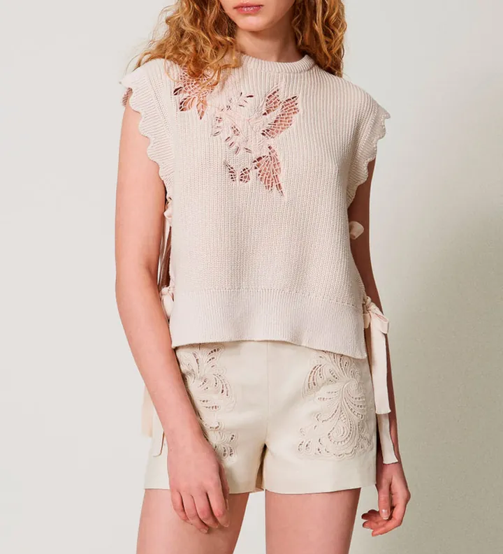 Twinset para mujer. 251TP3580 Chaleco de punto beige (S), Casual, Algodón