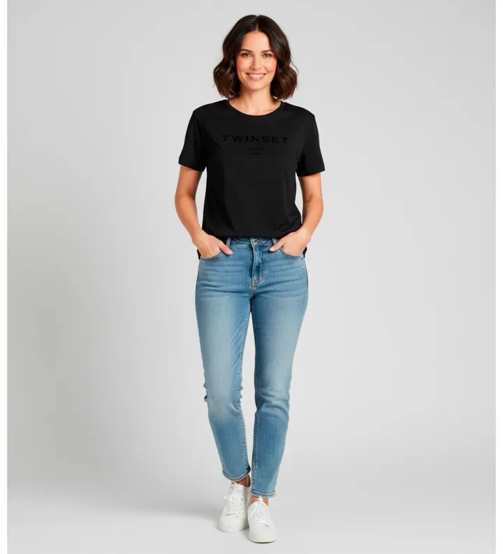 Twinset para mujer. 252TP2050 Camiseta logotipo negro (M), Casual, Algodón, Manga corta