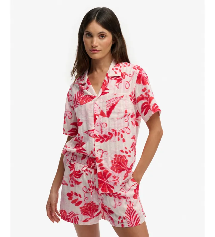 Superdry para mujer. W4010586A Camisa Beach Printed rojo (L), Casual, Algodón, Manga corta