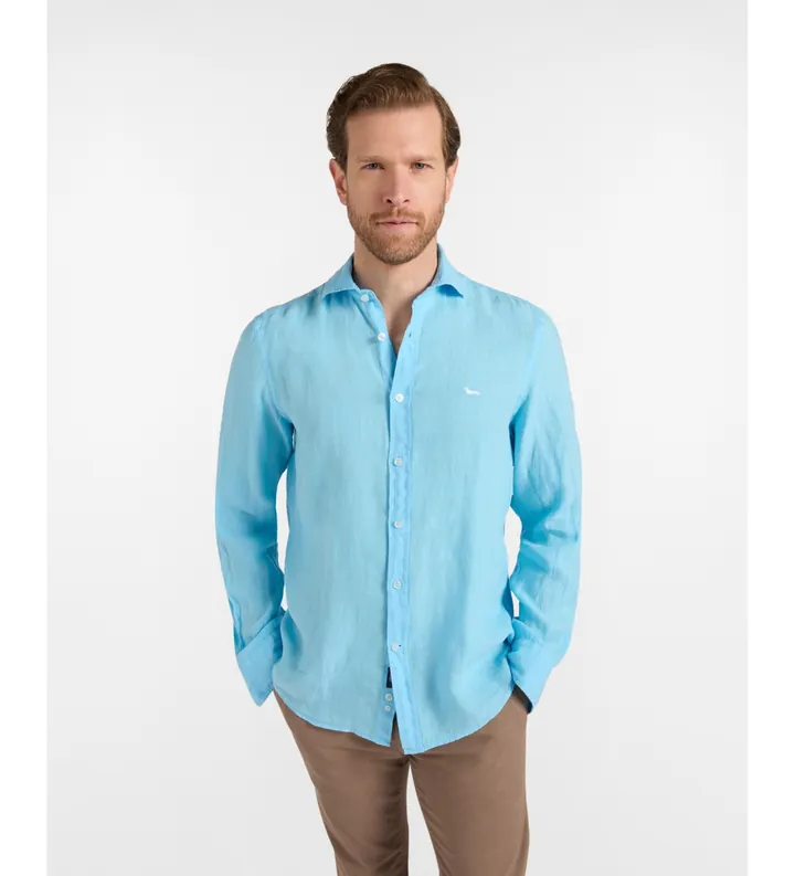 Harmont & Blaine para hombre. CRQ001012833I Camisa lisa de lino puro turquesa (M), Casual, Clásico, Manga larga