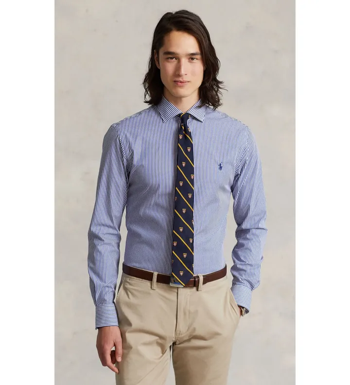Polo Ralph Lauren para hombre. 712827064003 Camisa de popelina Slim Fit azul (38), Casual, Algodón, Clásico, Manga larga