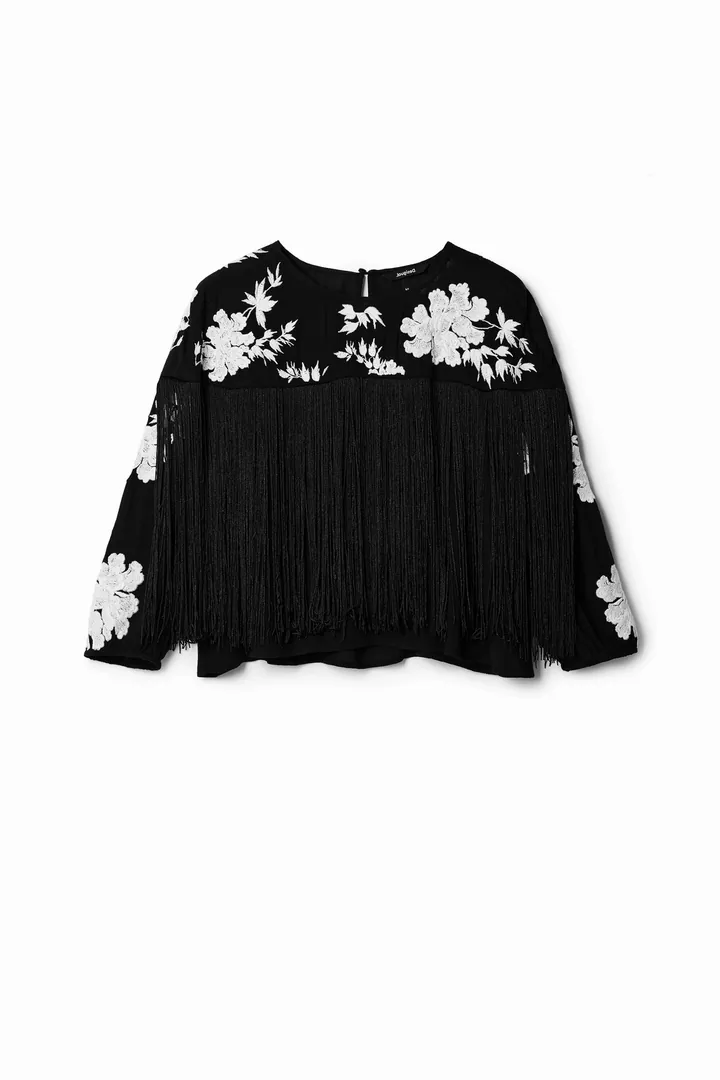 Desigual, Blusa bordada flecos, Viscosa, Negro, L