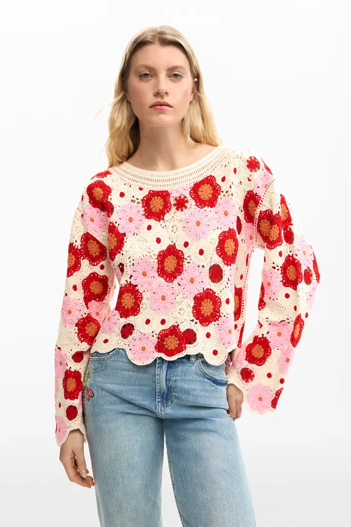 Desigual, Jersey flores crochet, Mujer, Blanco, L