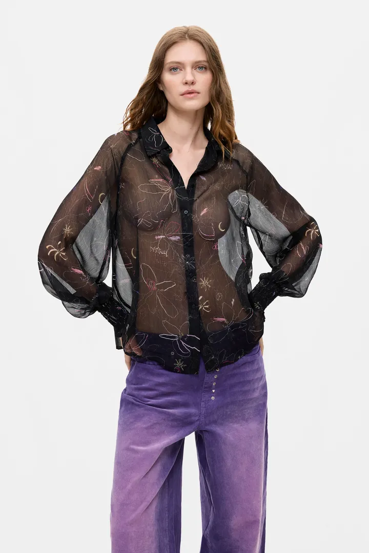 Desigual, Blusa Floral Transparente, Mujer, Poliester, Negro, L