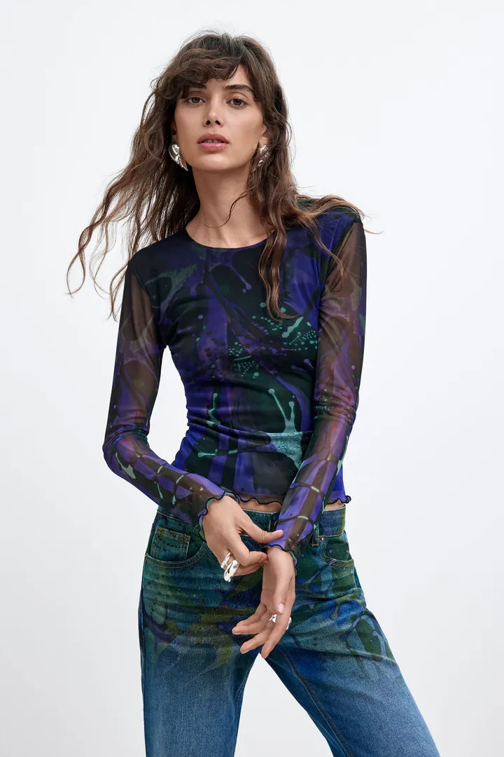 Desigual, Camiseta tul Estampada M. C. Lacroix, Mujer, Poliester, Azul, L