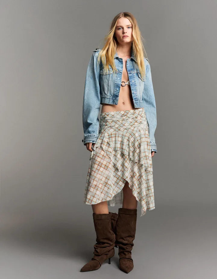 Bershka Falda Midi Cuadros Mujer L Azul Claro