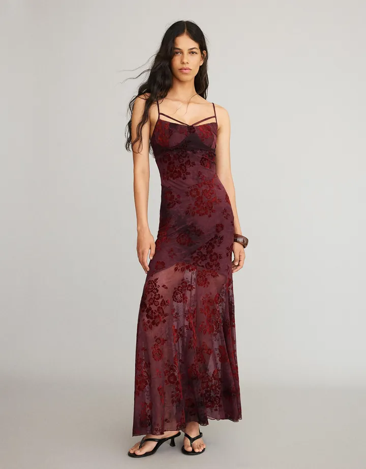 Bershka Vestido Midi Tirantes Tul Flocado Mujer L Marrón