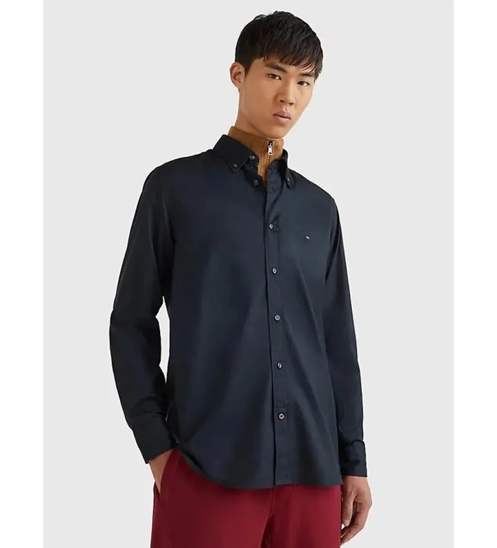 Tommy Hilfiger para hombre. MW0MW25035 Camisa TH Flex de popelín de algodón negro (XS), Casual, Fiesta, Manga larga, Algodón Orgánico, Soste