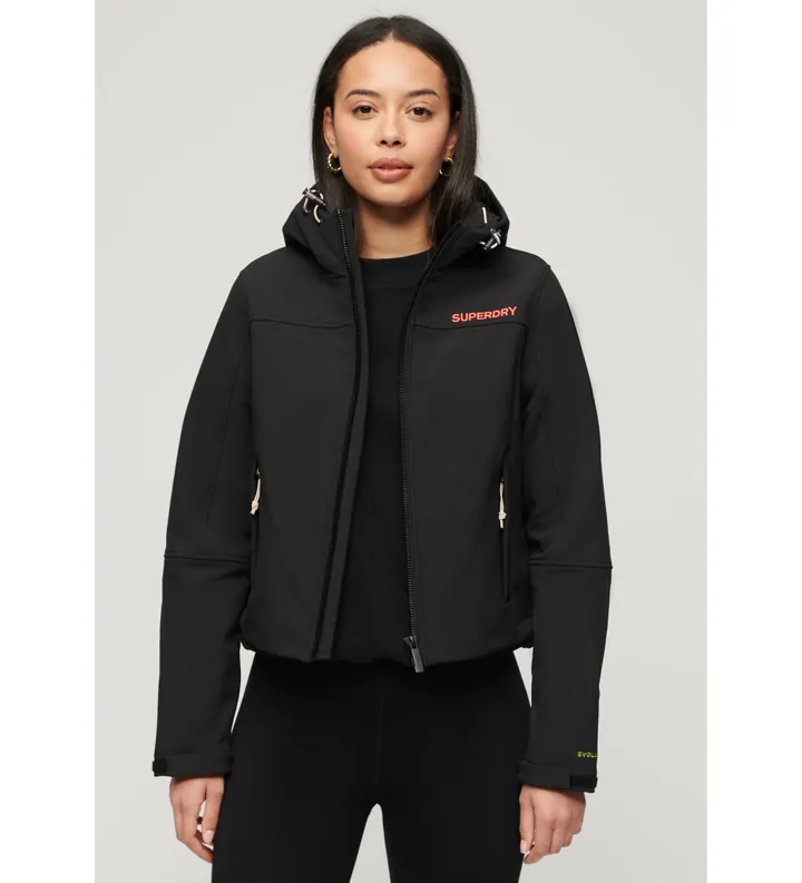 Superdry para mujer. W5011656A Chaqueta con capucha de tejido softshell Trekker negro (L), Casual, Poliéster, Manga larga