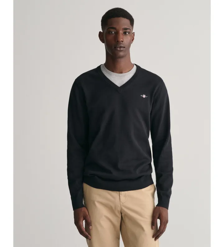 Gant para hombre. 8030562 Jersey de cuello de pico y algodón clásico negro (3XL), Casual