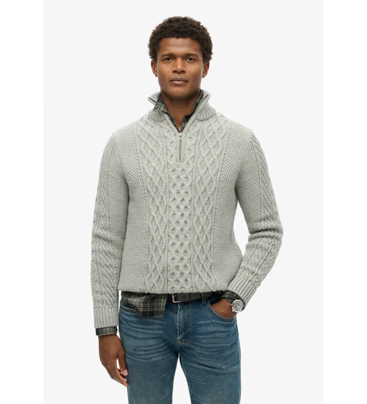 Superdry para hombre. M6110639A Jersey de punto trenzado con media cremallera Jacob gris (M), Casual, Acrílico, Sostenible