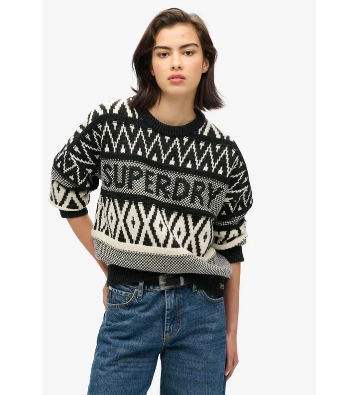 Superdry para mujer. W6110559A Jersey de cuello redondo con diseño de la marca negro (S), Casual, Acrílico