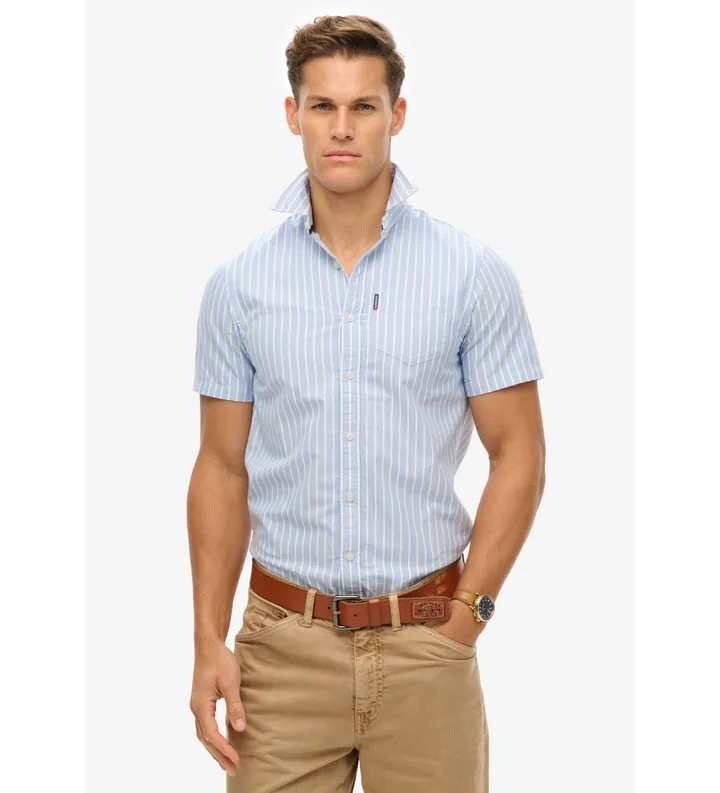 Superdry para hombre. M4010944A Camisa Oxford de manga corta azul (L), Casual, Algodón