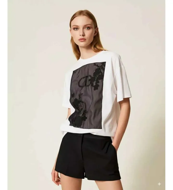 Twinset para mujer. 252TP2053 Camiseta oversize con bordado floral blanco (XS), Casual, Algodón, Manga corta