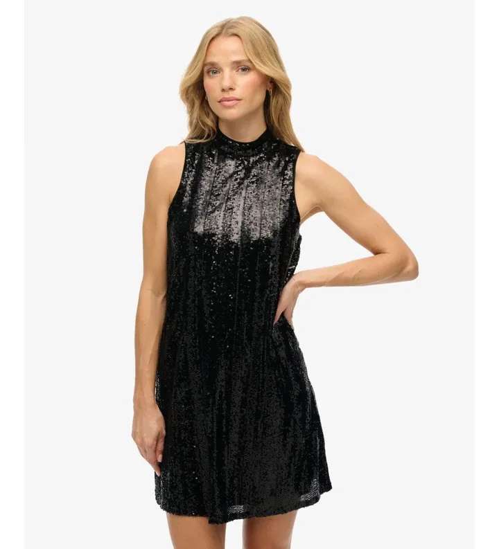 Superdry para mujer. W8012035A Vestido Sequin negro (L), Casual, Fiesta, Clásico, Poliéster, Sin mangas / Tirantes